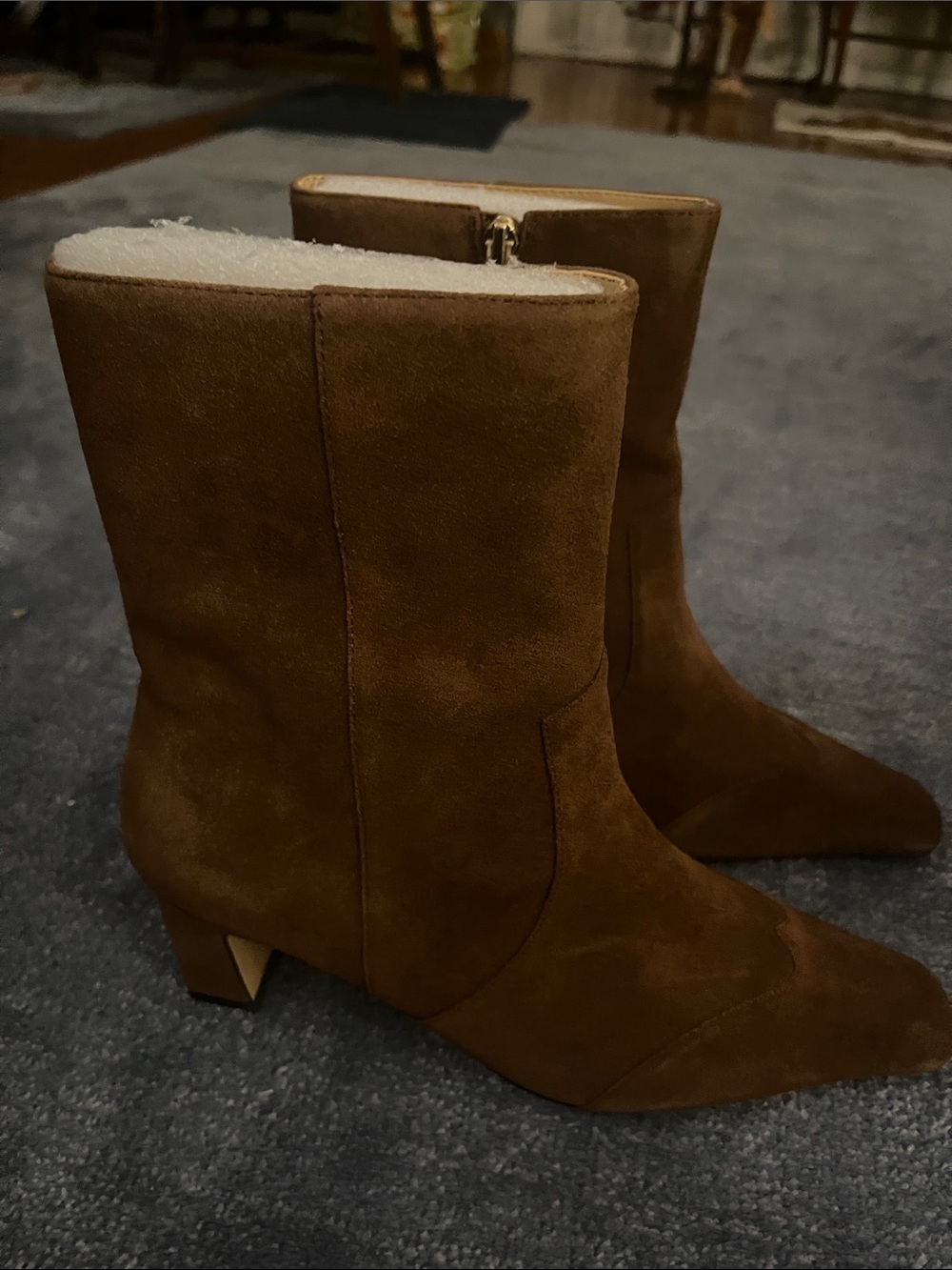 Ann Taylor Brown Suede Mid-Calf Block Heel Boots with Shearling Trim